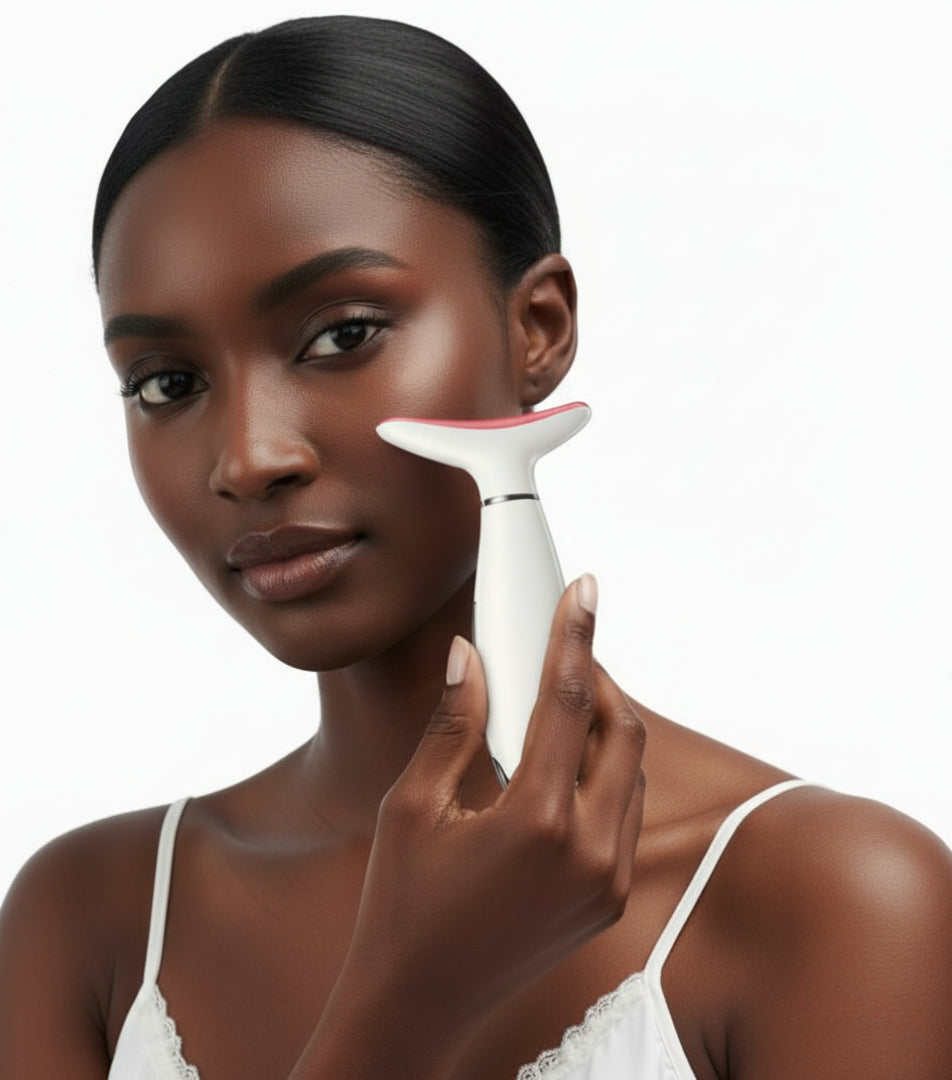 Woman using a skincare device on her face against a white background