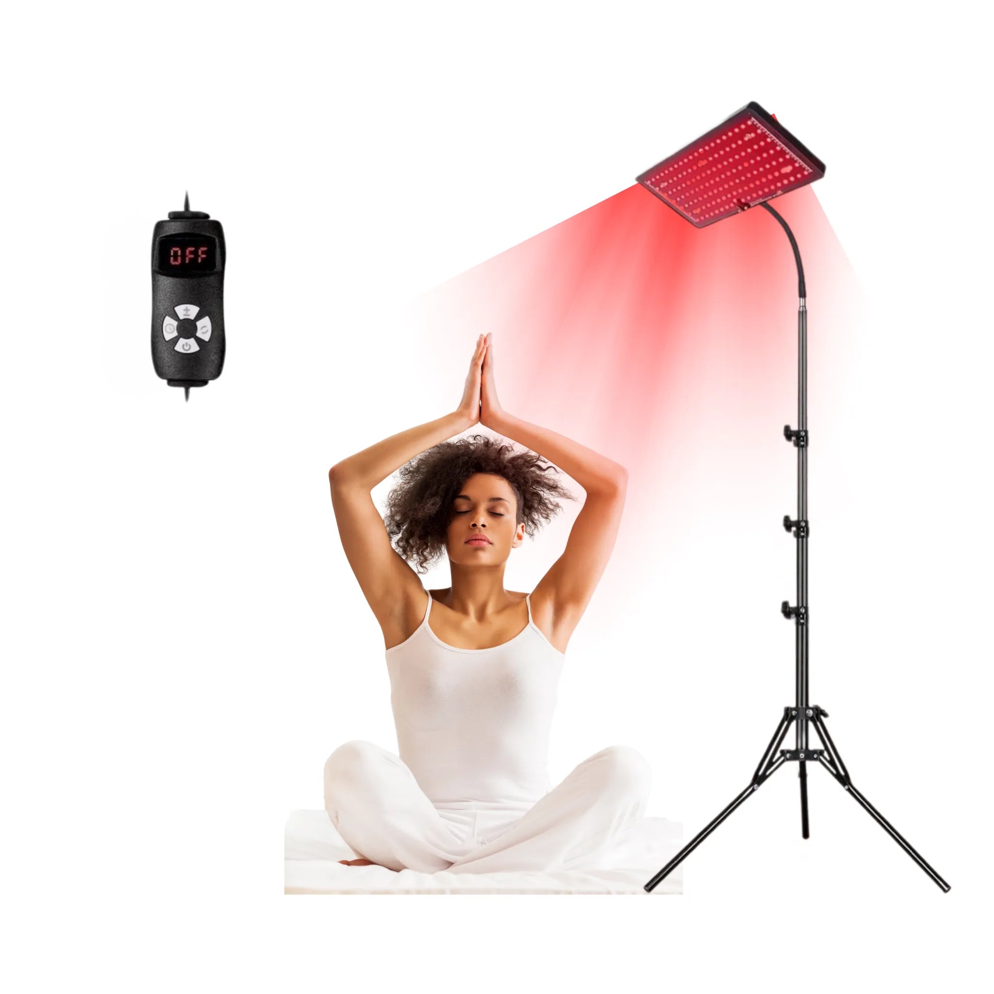 Woman receiving red light therapy with a LED panel and controller on a white background