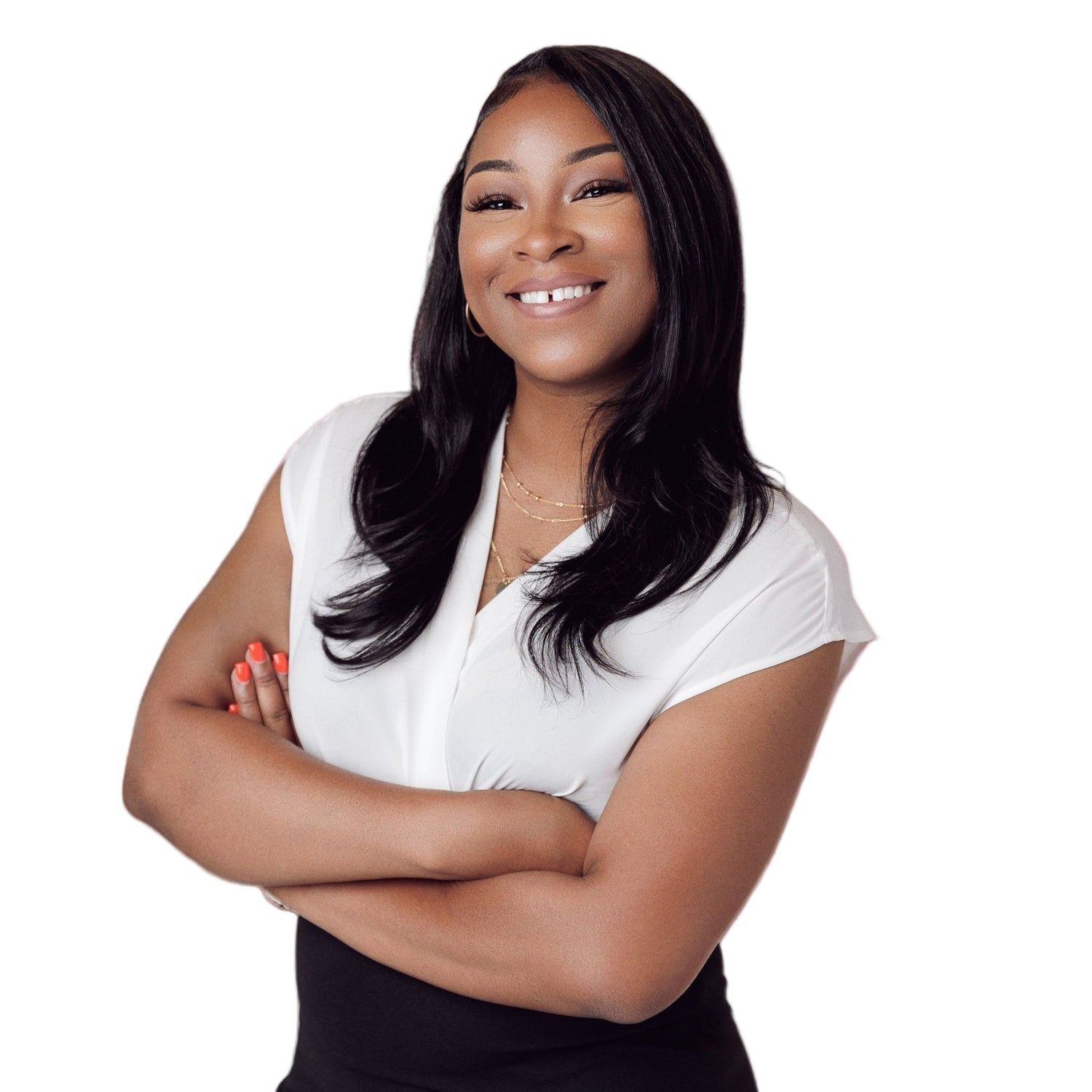 Woman wearing a white blouse with black skirt on a white background