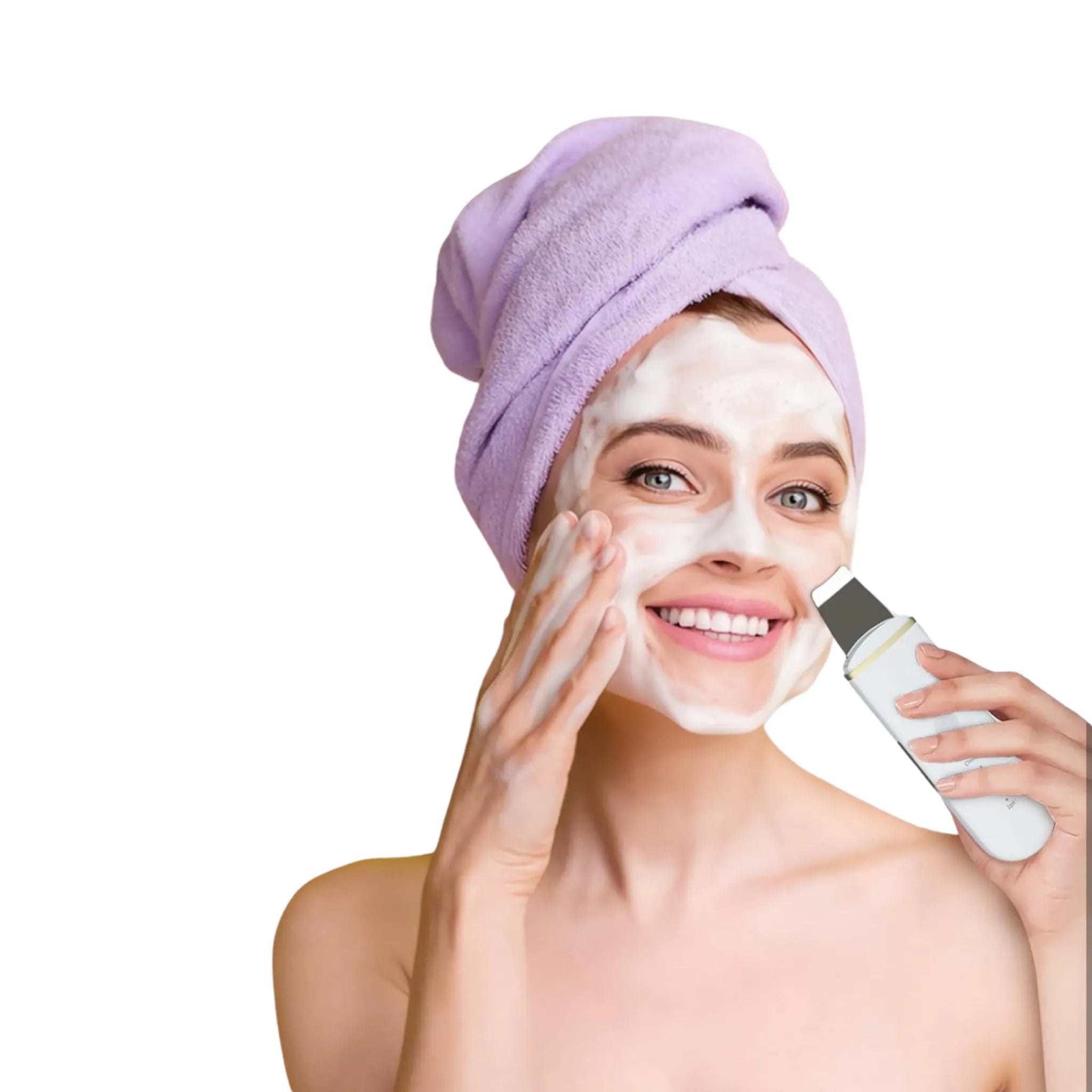 woman using skin scraper device with white background