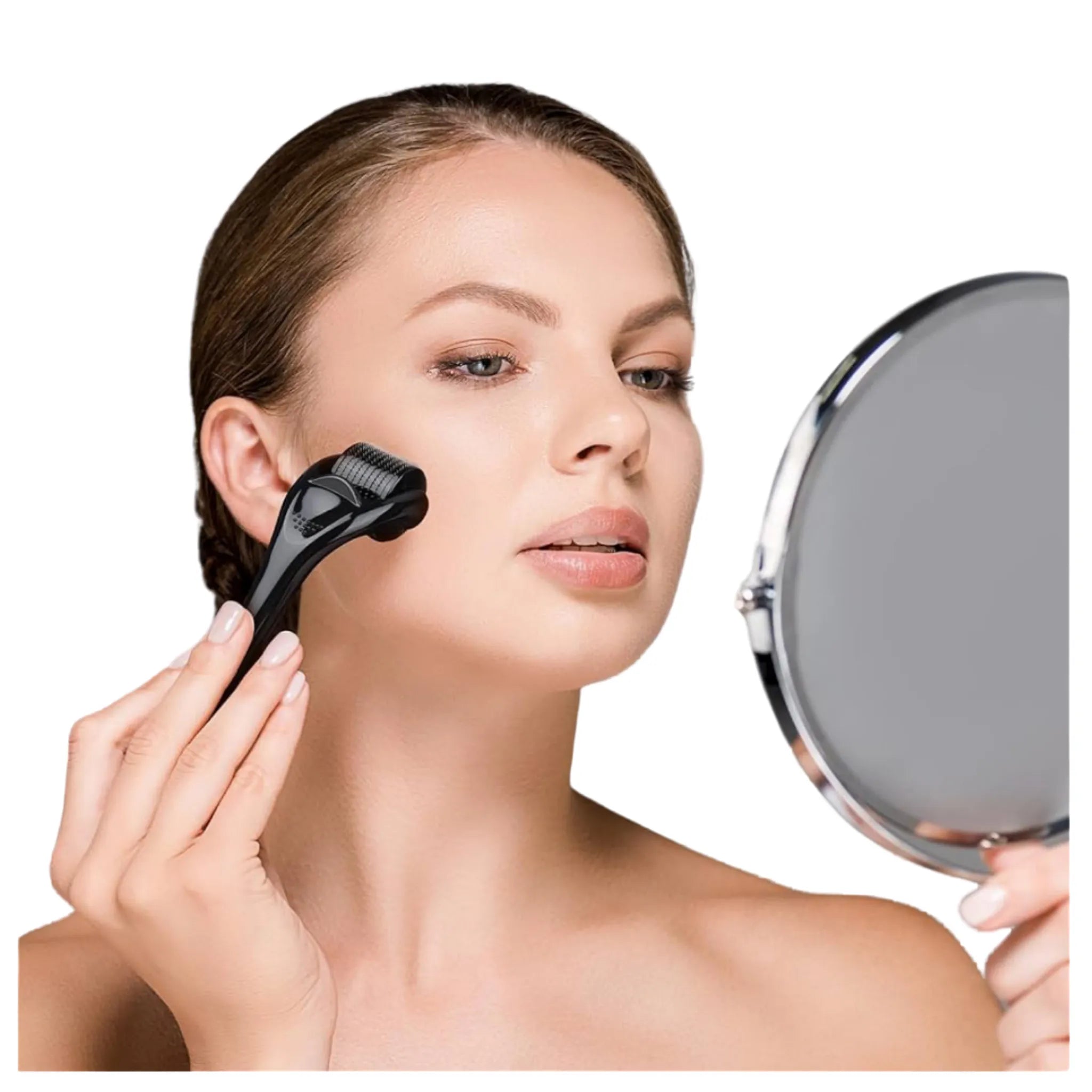 Woman using a derma roller with a mirror on a white background