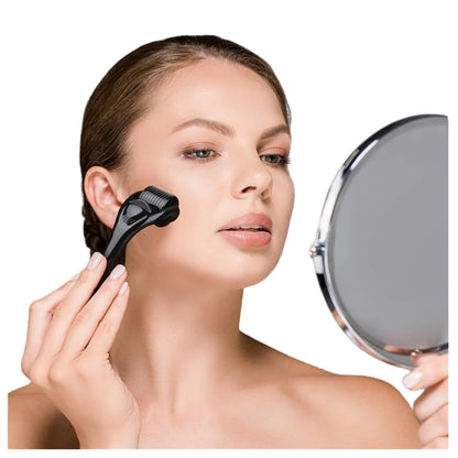 Woman using a derma roller with a mirror on a white background